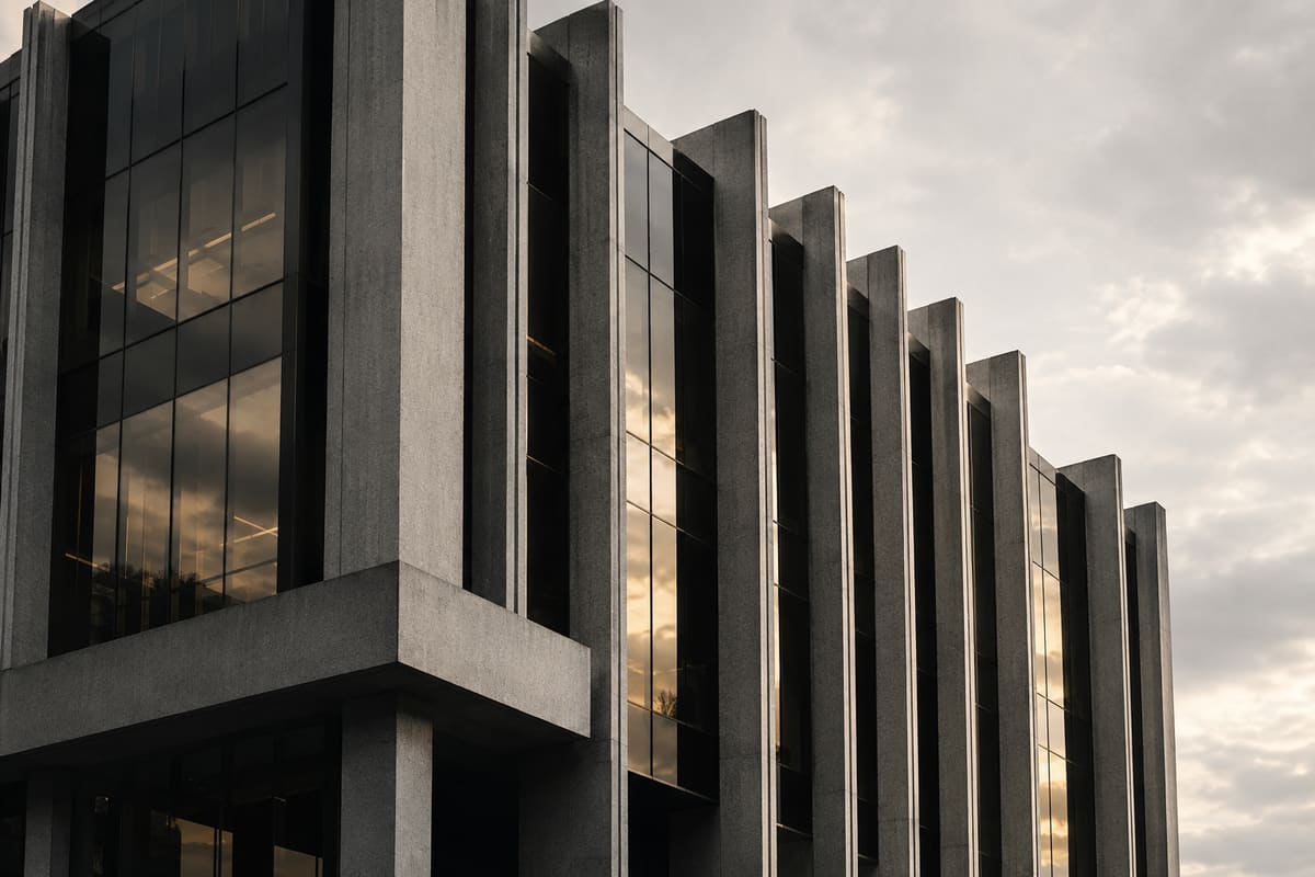 Illustrative commercial architecture with concrete fins and smoked glass
