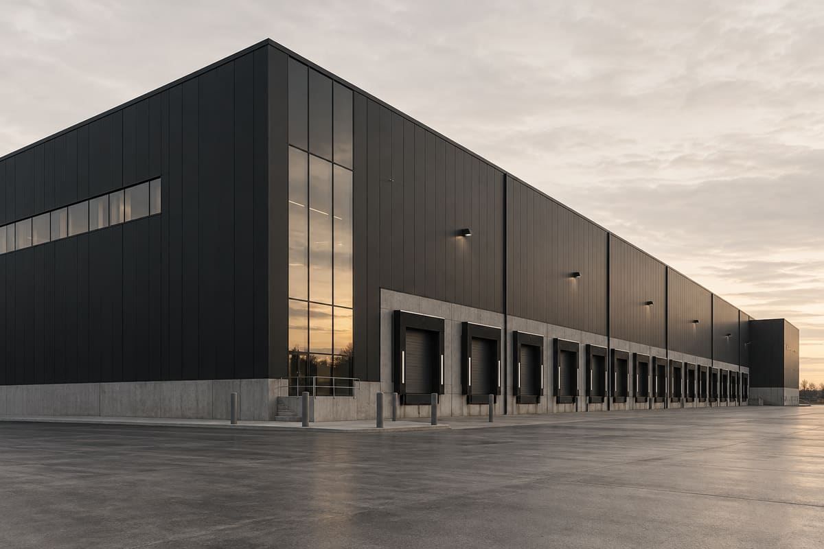 Illustrative industrial warehouse with charcoal cladding and loading bays