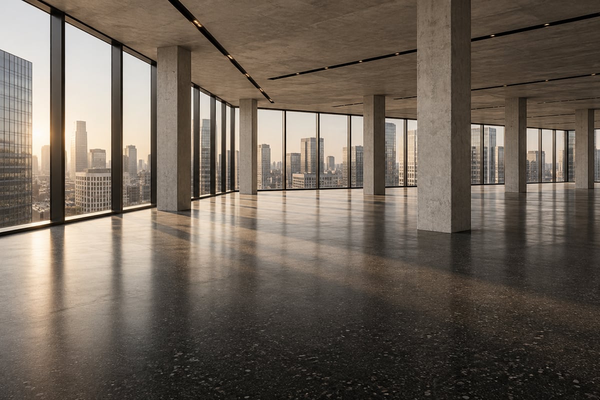 Illustrative commercial office floorplate with concrete columns and full-height windows