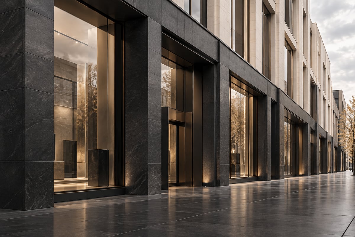 Illustrative retail corridor with charcoal stone storefronts and tall shop windows
